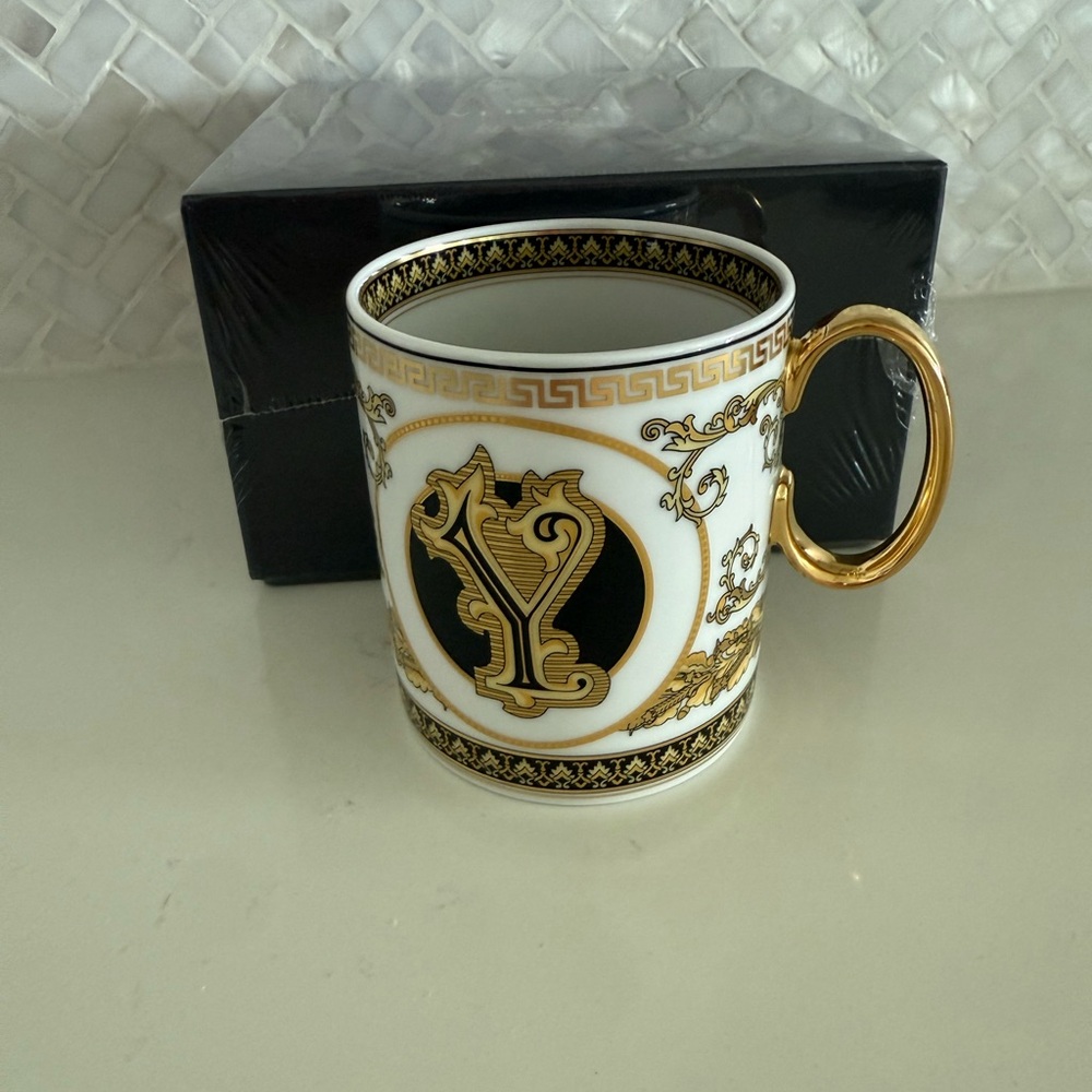 New Authentic Versace letter Y in Gold and Black Mug with Ornate Design
